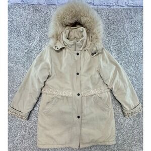 Vintage R by Regency Hooded Parka Coat Fox Fur Cream Embroidered Womens Small